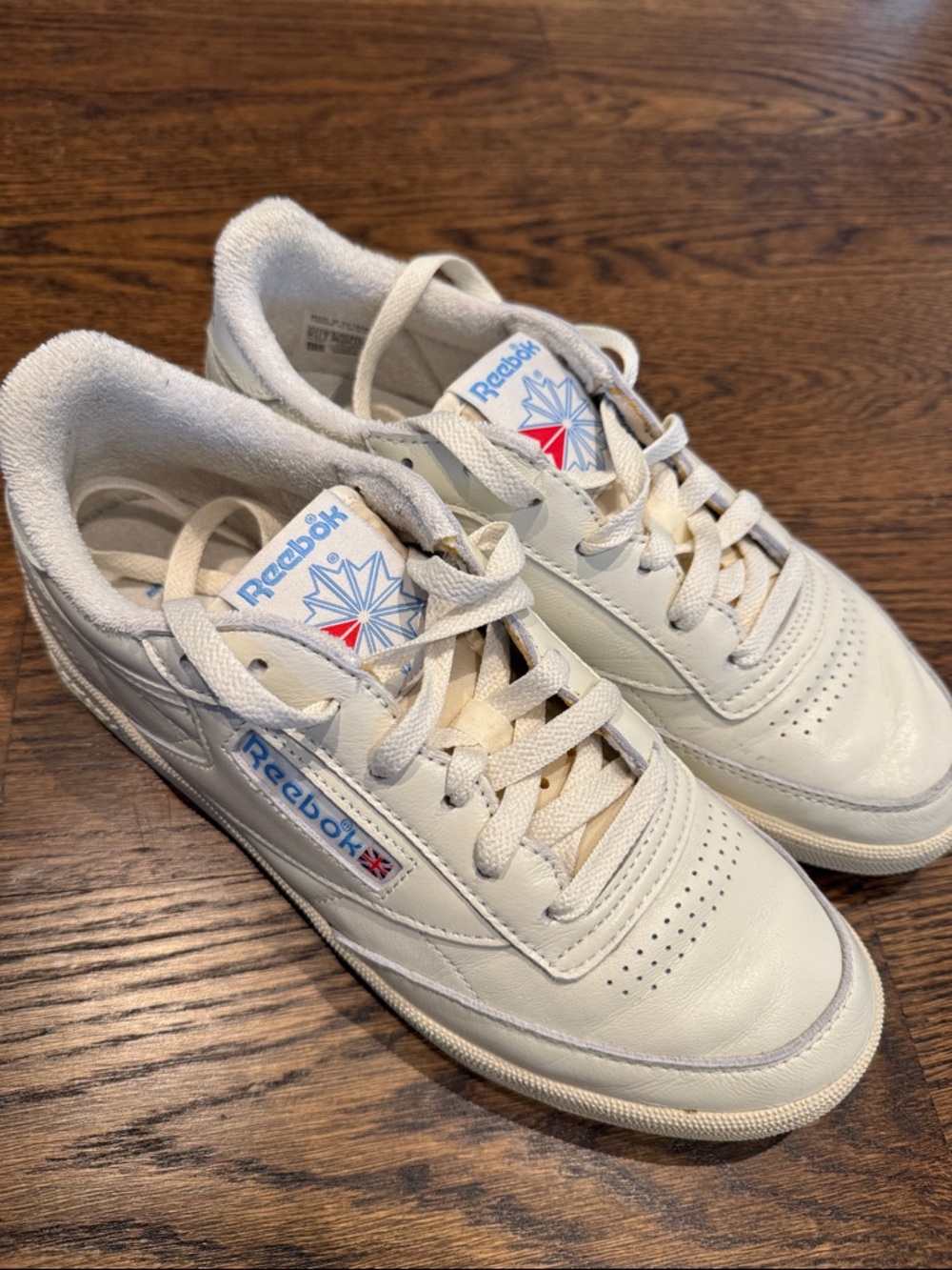 Reebok Off-White Leather Low-Top Sneakers with Blue & Red Logo